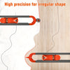 An orange contour gauge scribe tool is used to trace an irregular profile onto a wooden surface.