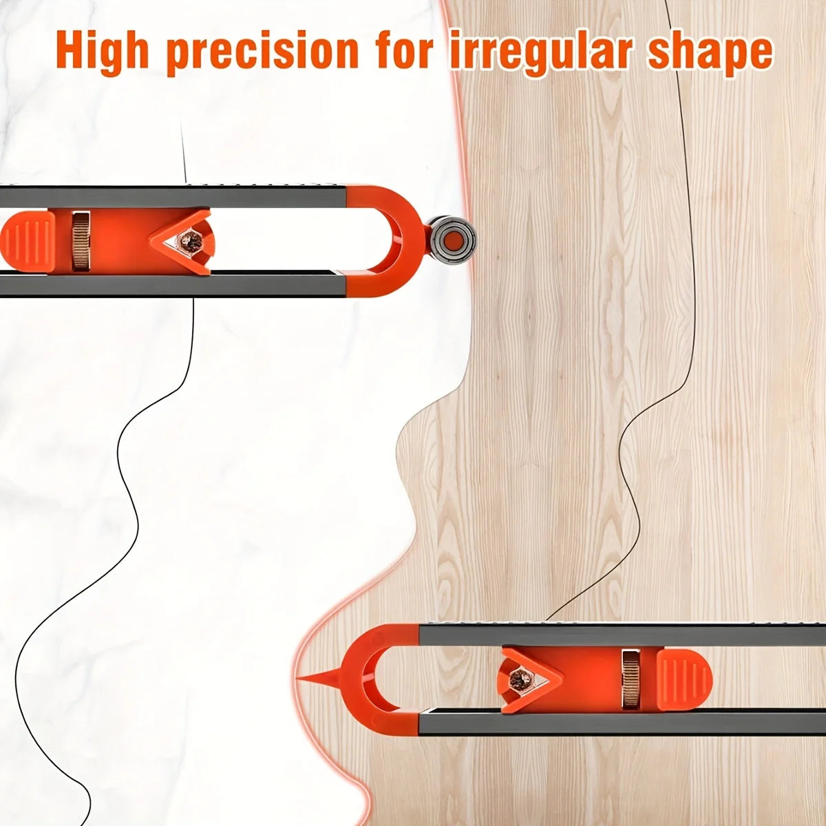 An orange contour gauge scribe tool is used to trace an irregular profile onto a wooden surface.