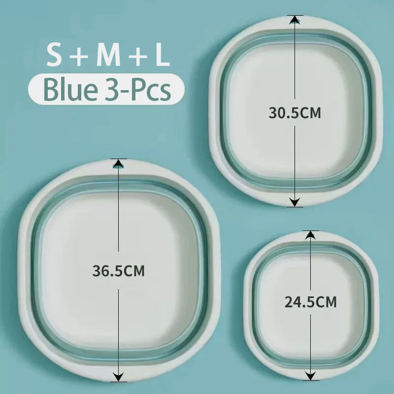 Three sizes of blue plastic wash basins in white and teal for laundry, camping, and travel.