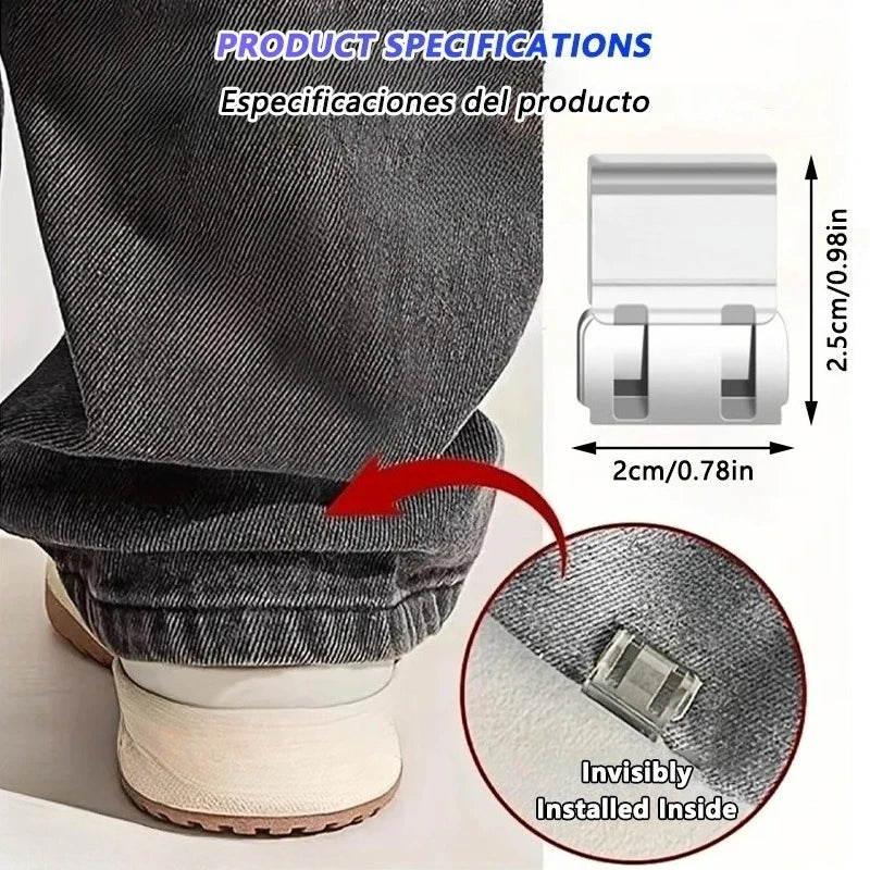 Gros plan d'une jambe de pantalon gris foncé avec un clip anti-dérapant invisible installé à l'intérieur du tissu.