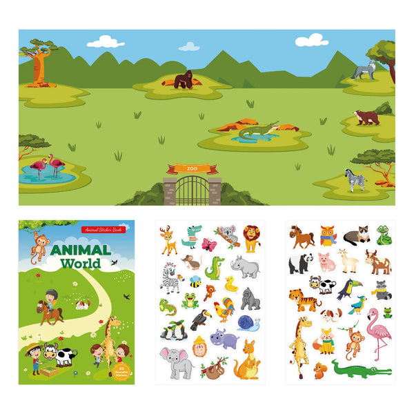 A colorful sticker book featuring various animals like lions, elephants, and birds for kids.