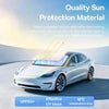 A white Tesla car is shown with a sun protection material applied to the windshield, demonstrating UV block and temperature d