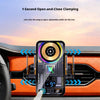 A smartphone is shown mounted in a car interior, demonstrating a one-click electric retractable clamp feature.