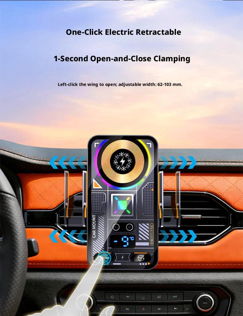 A smartphone is shown mounted in a car interior, demonstrating a one-click electric retractable clamp feature.