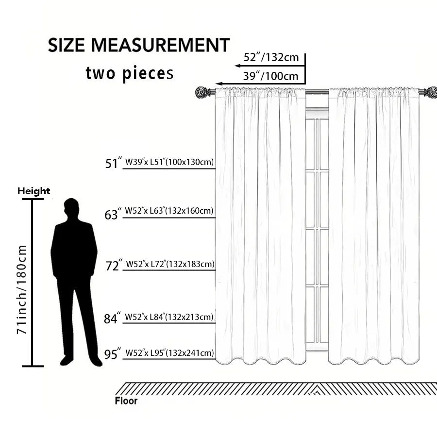 Two pieces of white light-filtering curtains shown with various height options and a floor measurement guide.