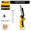 Yellow cordless 8-inch electric chain saw with a chain and battery components