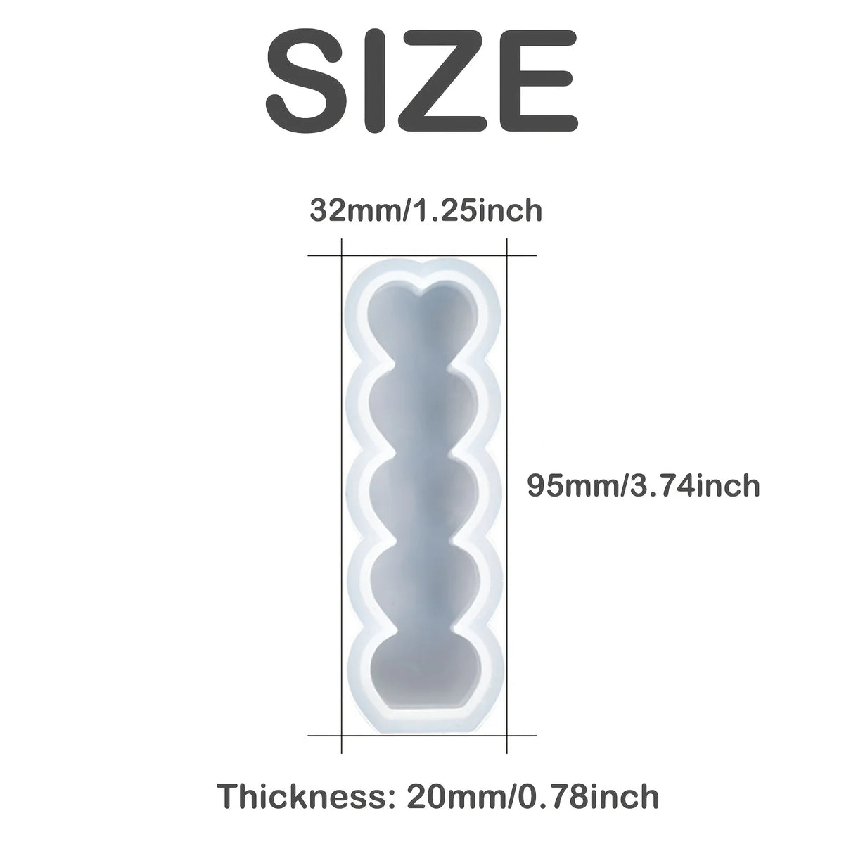 Diagram showing the size and thickness of a silicone mold, with dimensions listed in millimeters and inches.