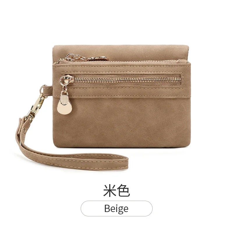 Vintage PU Leather Foldable Clutch Wallet with Wrist Strap