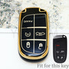 A black and gold durable TPU car key fob cover for a Jeep, Dodge, or Chrysler vehicle.