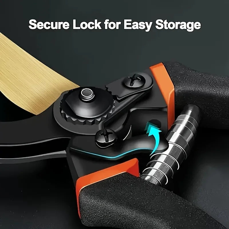 Close-up of a black pruning shear tool with an orange grip and a secure lock mechanism for easy storage.