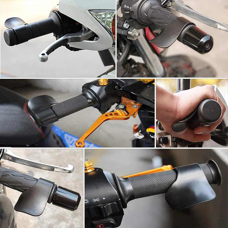 Close-up shots of a universal motorcycle throttle assist cruise control grip in black and orange accents.