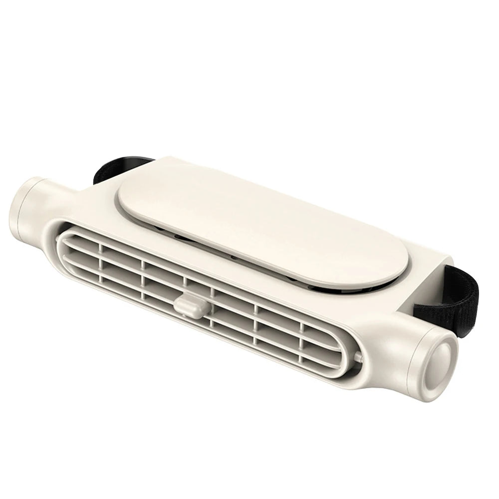 A white car headrest fan with a grille and black controls.