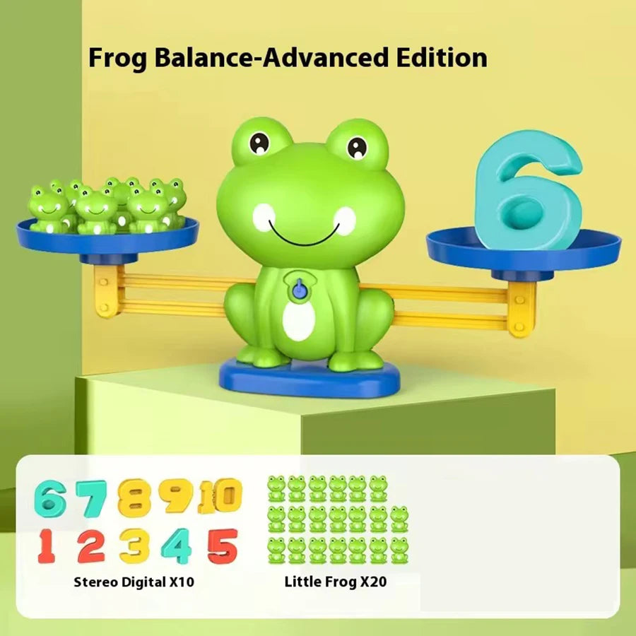 A green frog balance game toy with numbers 1 through 10 and a little frog character.