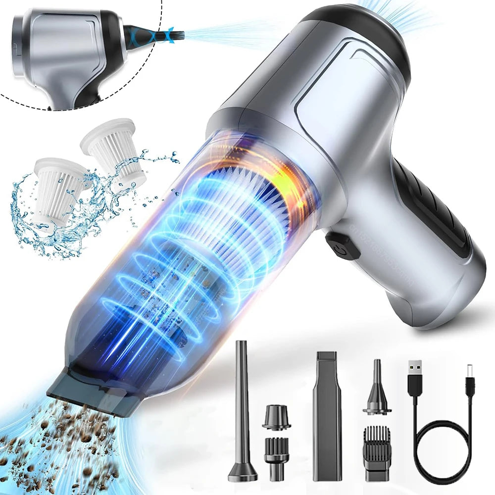 A silver cordless handheld vacuum cleaner with a blue light effect, showing its nozzle and various attachments.