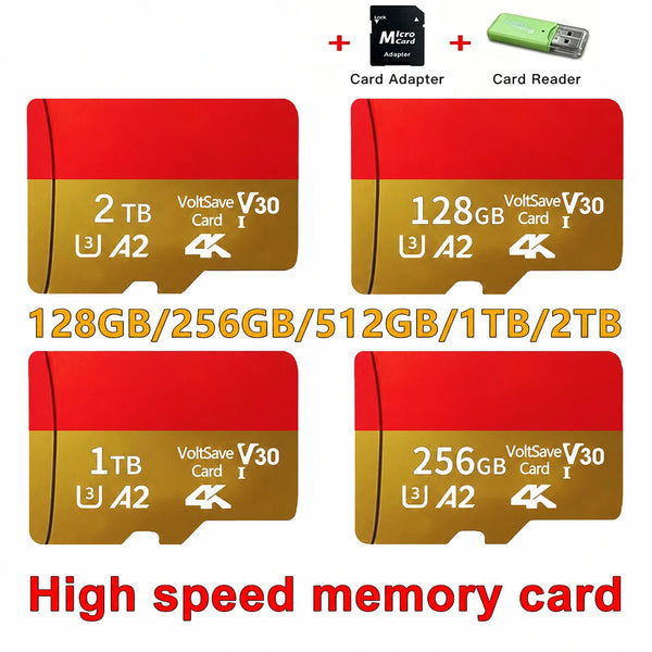 A set of high-speed memory cards including a MicroSD card, adapter, and reader for various storage capacities.