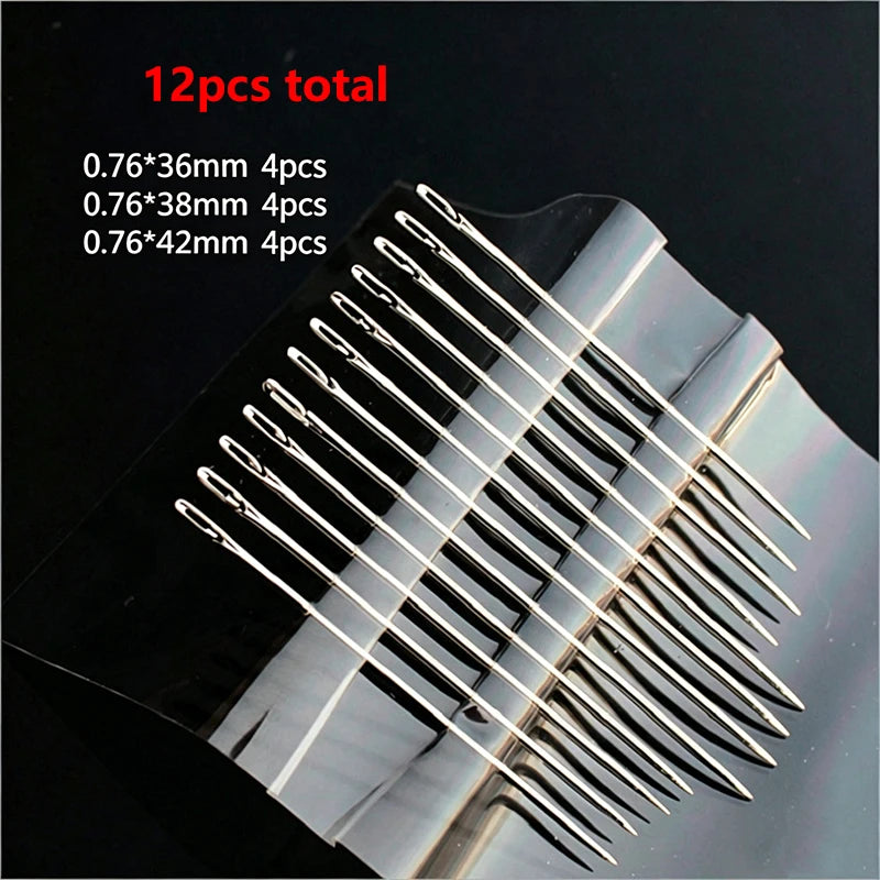 A set of 12 self-threading sewing needles in various sizes stored in a clear plastic case.