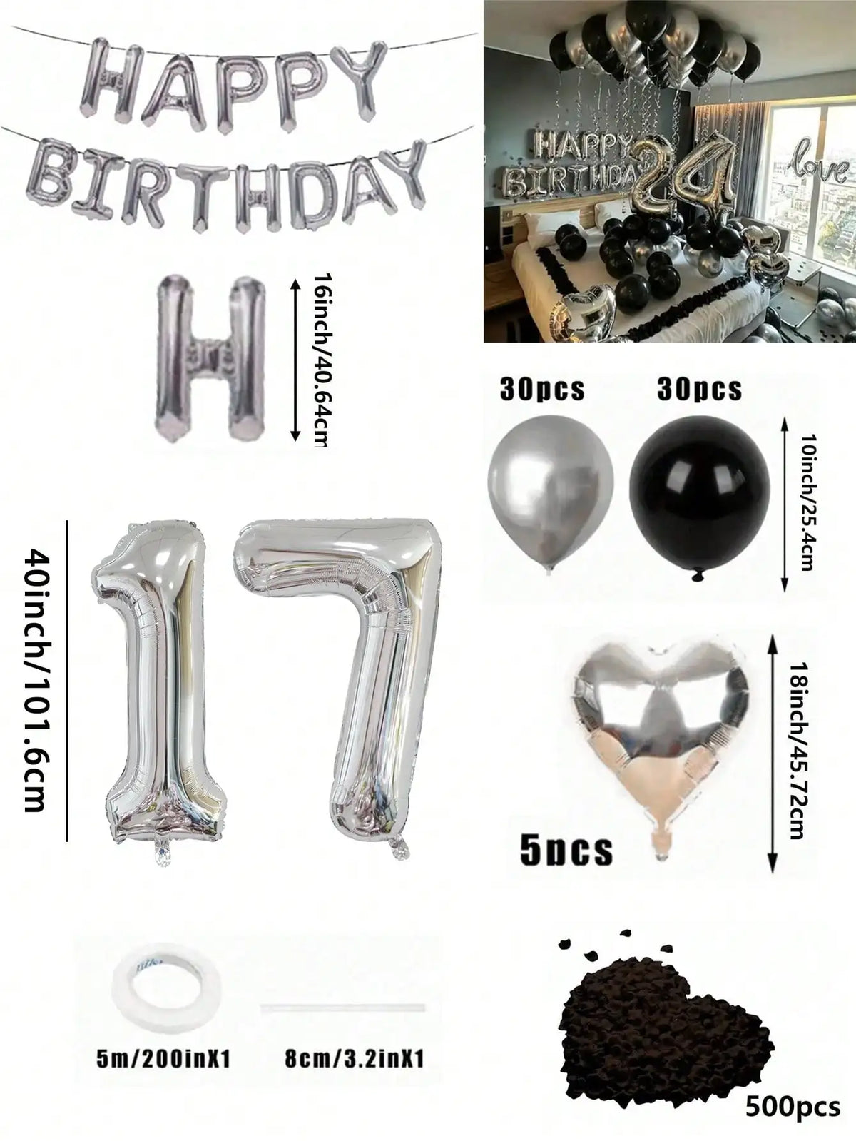 A kit featuring black and silver foil numbers, balloons, and a garland for birthday decorations.