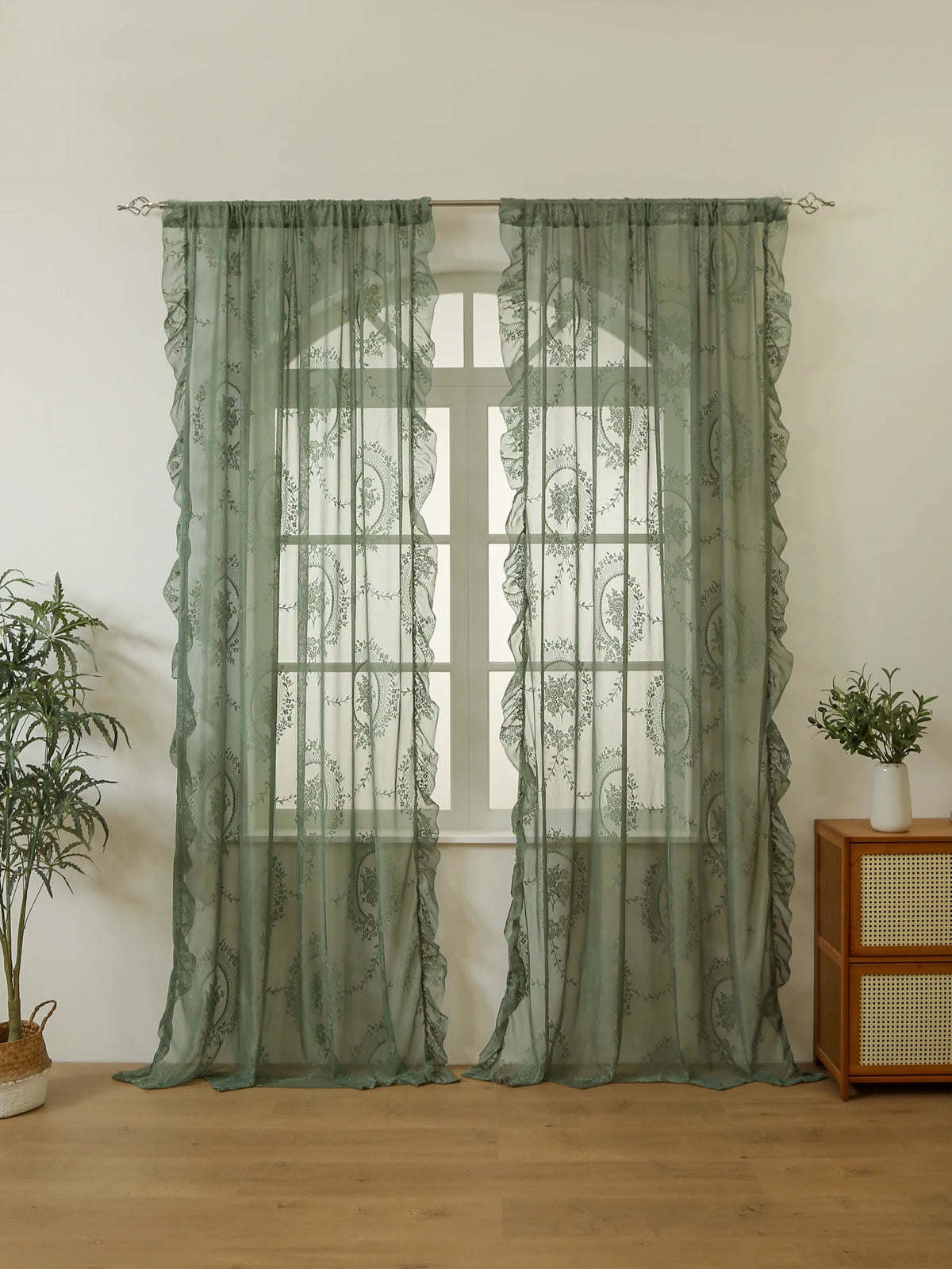 Green Lace Curtains 84 Inches Long, Boho Sheer Florals with Scallop Ruffle