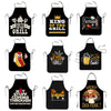 A collection of funny personalized BBQ aprons featuring text like King of the Grill and The Grillfather