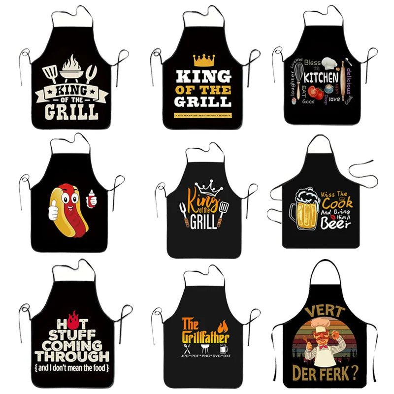 A collection of funny personalized BBQ aprons featuring text like King of the Grill and The Grillfather