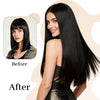 Comparaison avant/après d'extensions de cheveux noirs montrant la transformation d'une coupe courte à longue et droite