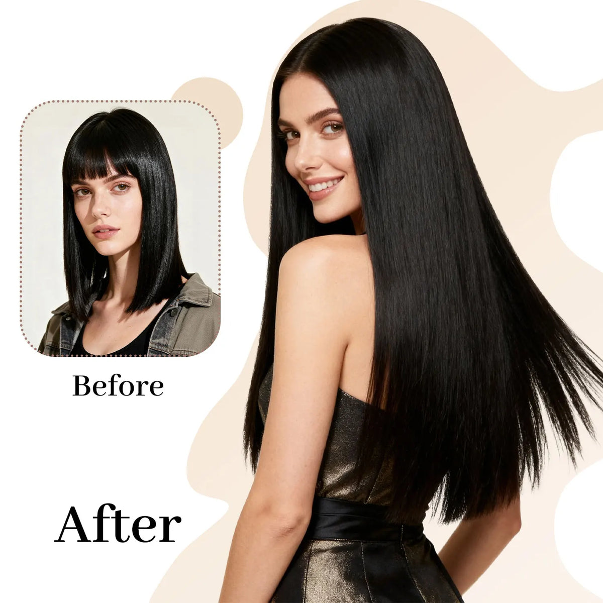 Comparaison avant/après d'extensions de cheveux noirs montrant la transformation d'une coupe courte à longue et droite