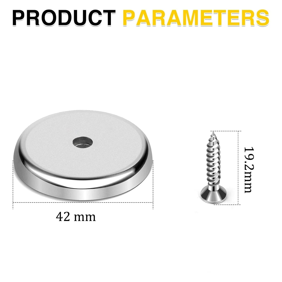 A round, silver fishing magnet with an eyebolt, measuring 42 mm in diameter and 19.2 mm in length.