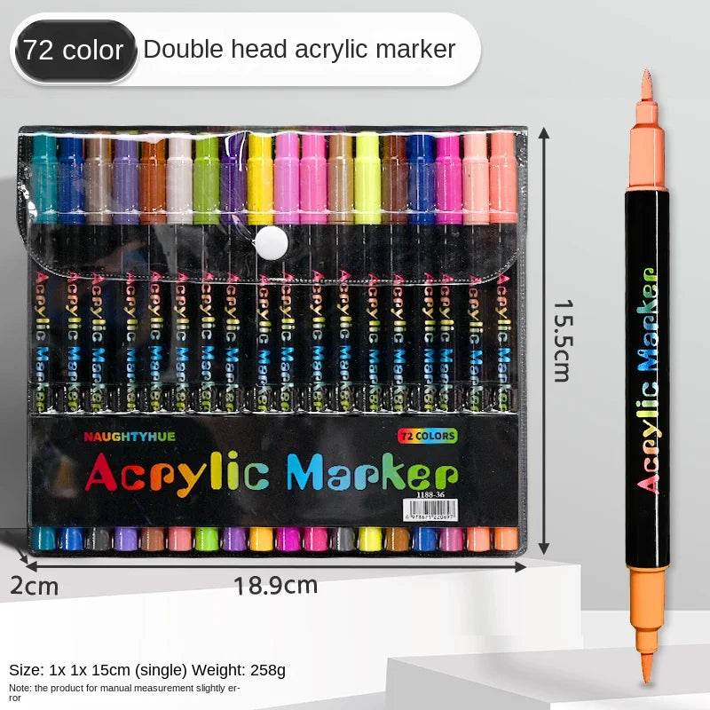 A set of 72 color double-head acrylic markers packaged in a black case with an orange marker shown beside it.