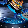 A blue remote control wall-climbing gecko toy with LED eyes is shown rotating on a dark circular base.