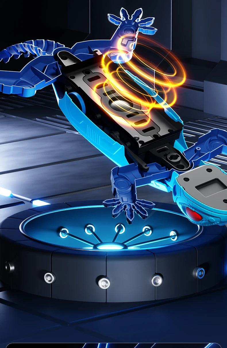 A blue remote control wall-climbing gecko toy with LED eyes is shown rotating on a dark circular base.