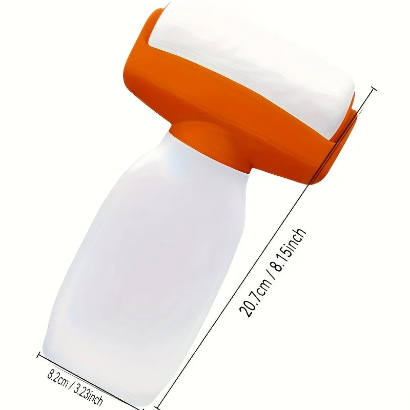 A white paint roller brush with an orange handle and built-in reservoir, shown in a side view.