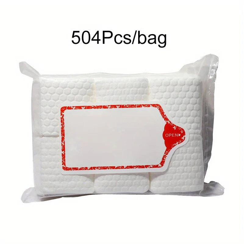 A bag containing 504 lint-free cotton rounds for nail care.