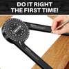A black aluminum miter saw protractor with laser-engraved scales is shown being used to measure a single cut.