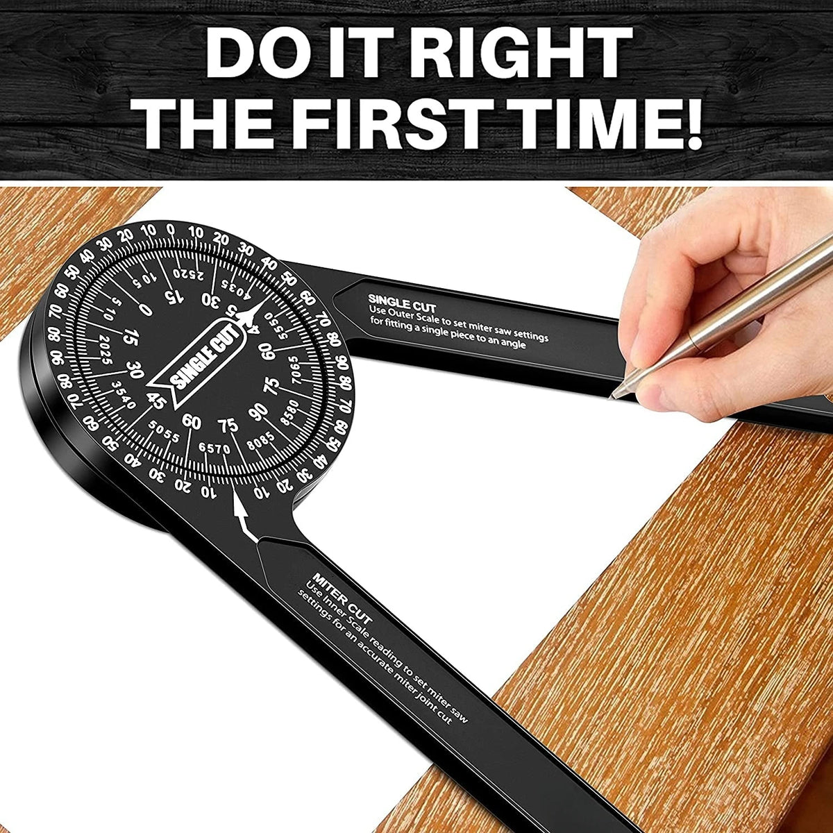 A black aluminum miter saw protractor with laser-engraved scales is shown being used to measure a single cut.