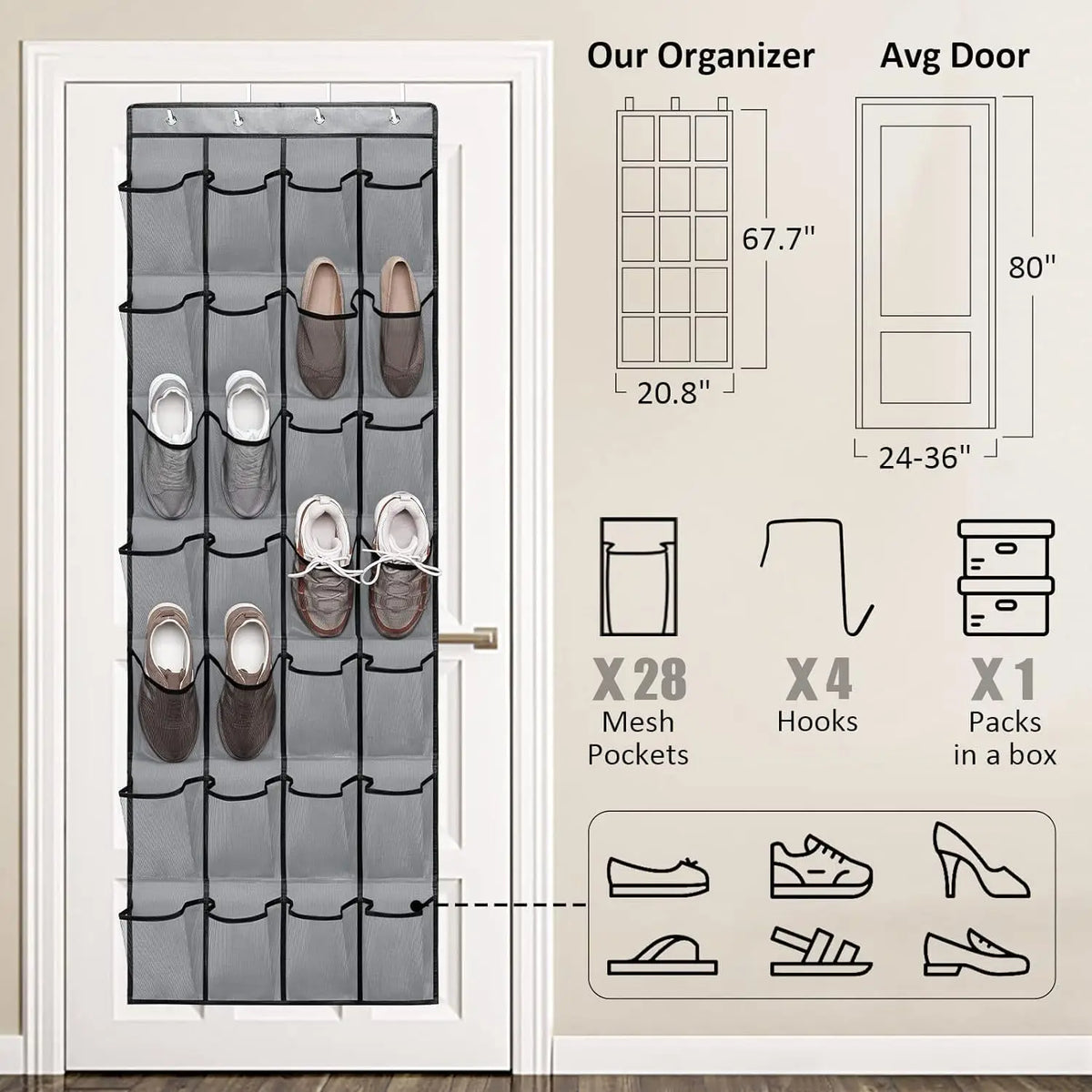 Over-the-Door Shoe Organizer with Mesh Pockets