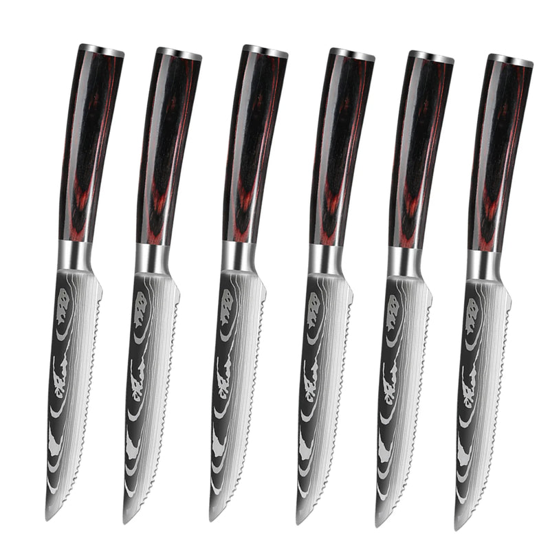 Ensemble de Couteaux à Steak Style Damas avec Manches en Bois