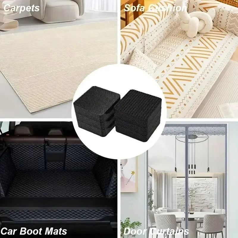Various heavy-duty self-adhesive hook-and-loop tape products including car mats, rugs, and door curtains.