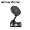 A black magnetic wireless charging mount with a foldable arm and vacuum suction base.