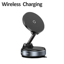 A black magnetic wireless charging mount with a foldable arm and vacuum suction base.