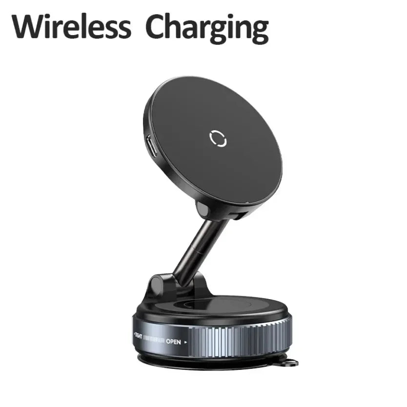 A black magnetic wireless charging mount with a foldable arm and vacuum suction base.
