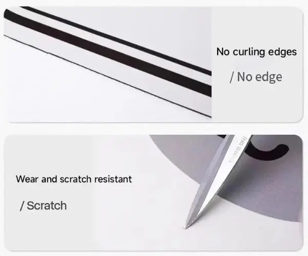 A bath mat showing a black striped edge and a scratch-resistant surface.