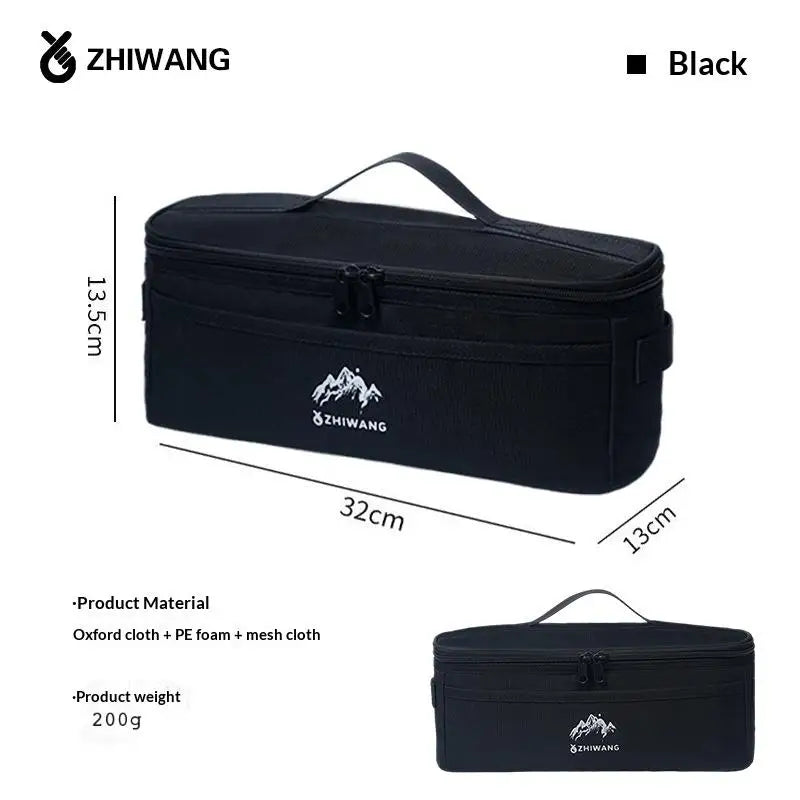 Black portable camping tableware storage bag with organizer compartments