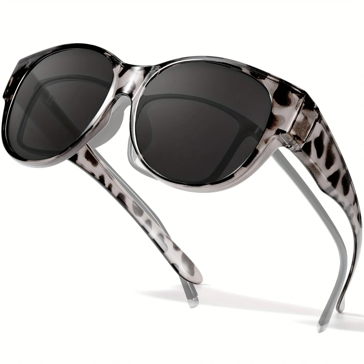 A pair of tortoiseshell patterned sunglasses with silver frames shown in a product shot.