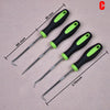 A set of four automotive pick and hook tools with black handles and lime green tips shown against a light background.