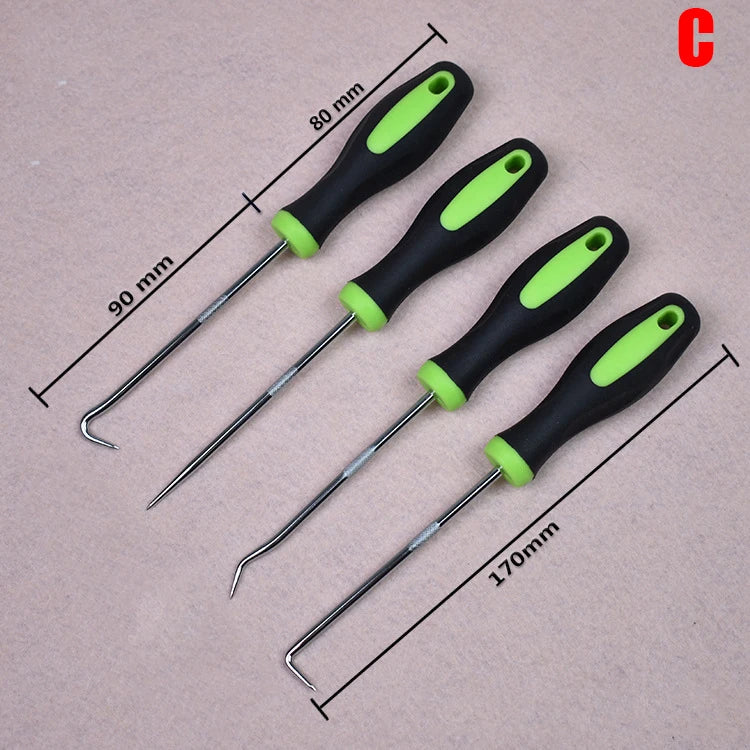 A set of four automotive pick and hook tools with black handles and lime green tips shown against a light background.