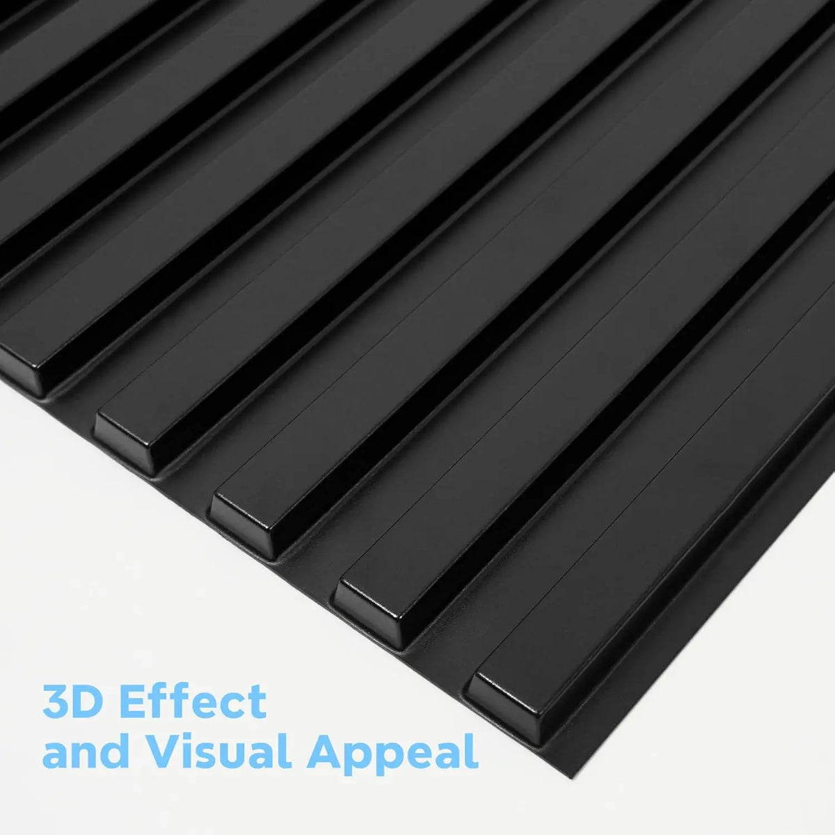 Black 3D slat wall panels installed in a parallel, linear pattern.