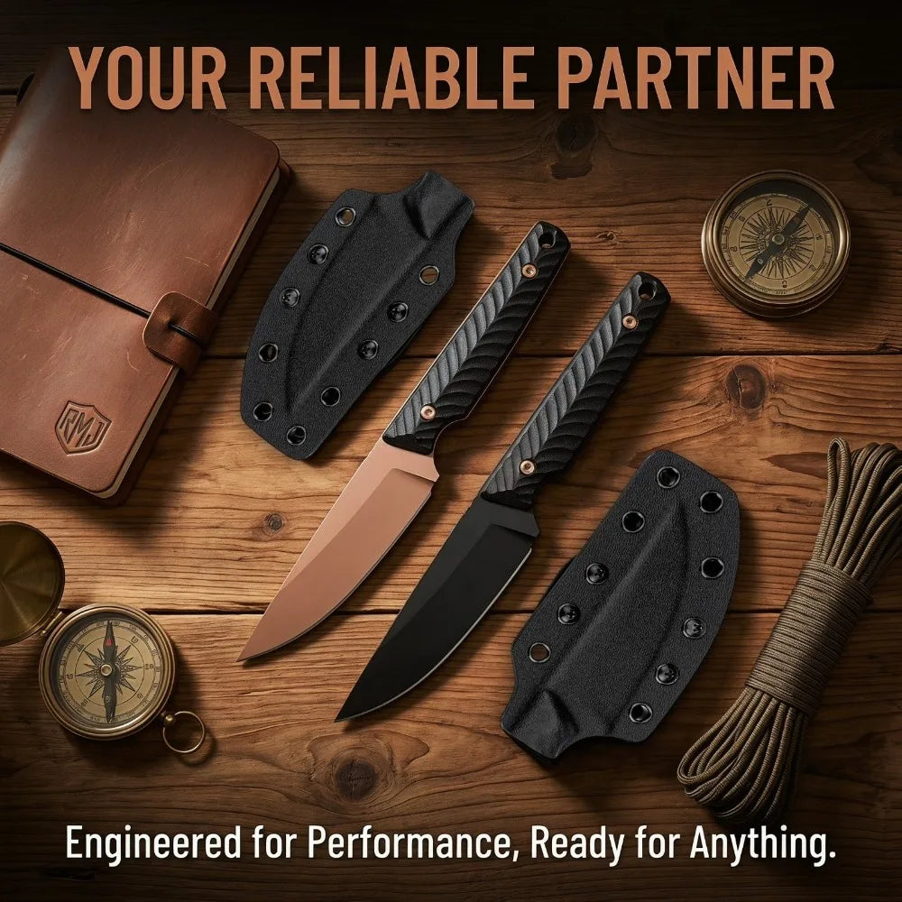 A full tang fixed blade knife with a G10 handle and Kydex sheath displayed on a wooden surface.