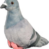 A soft gray plush toy of a pigeon with a white beak and pink feet.