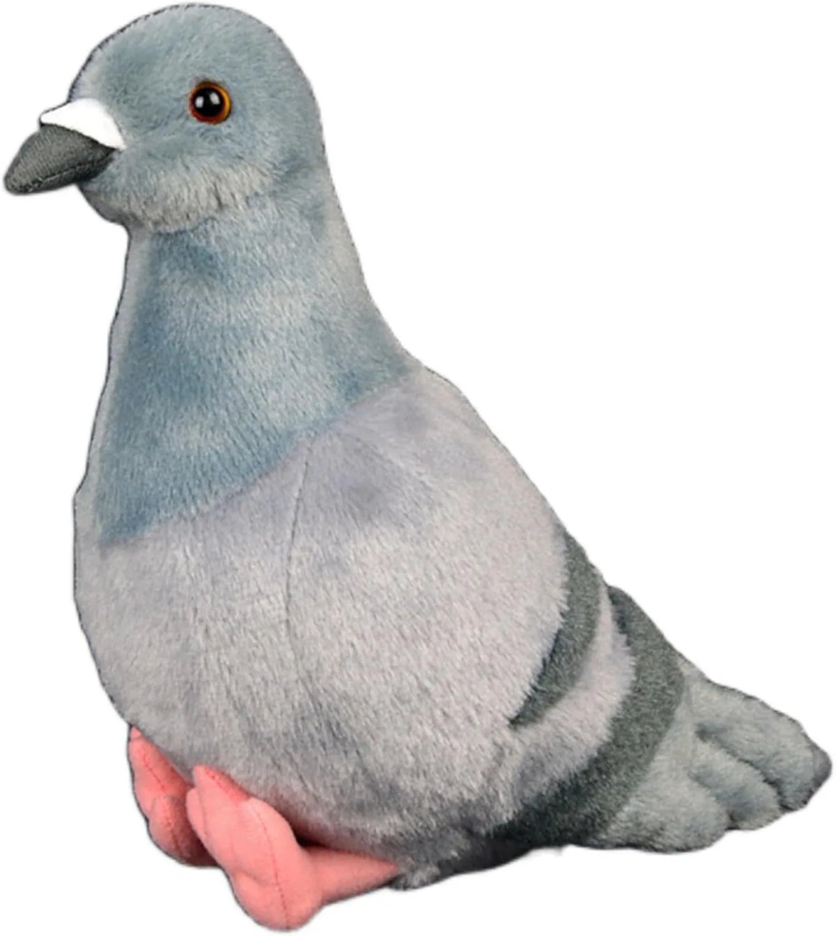 A soft gray plush toy of a pigeon with a white beak and pink feet.