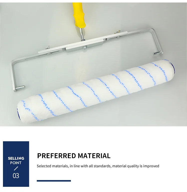 An 18-inch paint roller with a white and blue textured cover and an aluminum alloy handle is shown against a light gray backg